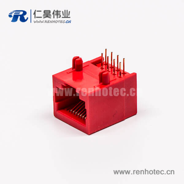 6 rj45網(wǎng)絡(luò)接口母座紅色全塑8P8C90度接PCB板