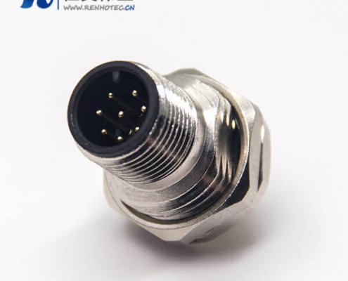 m12連接器系列8pin公頭直式板端插座前鎖板螺紋防水PCB板安裝