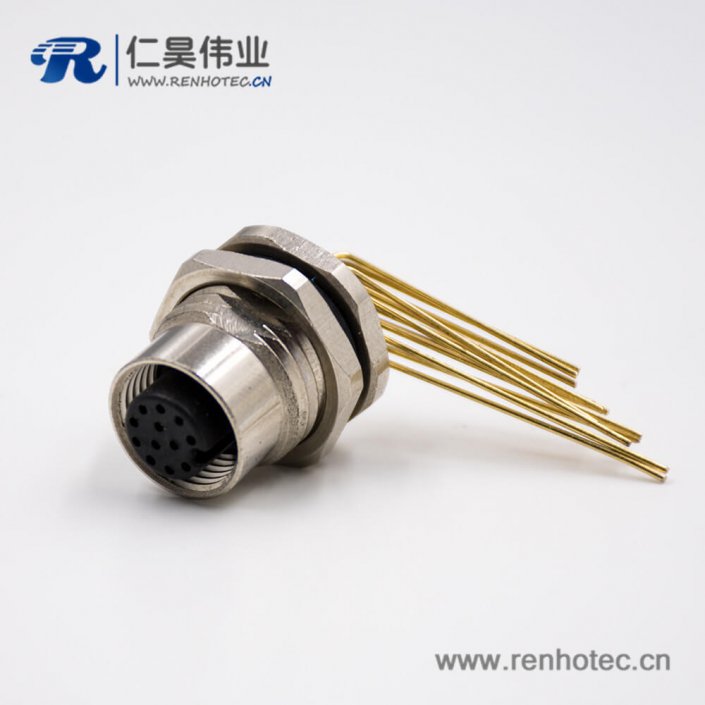 插座母頭M12板端插座A扣彎式12芯插孔前鎖板連接器 插座母頭M12板端插座A扣彎式12芯插孔前鎖板連接器