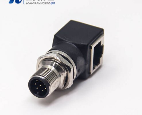 m12連接器轉rj45彎式轉接頭8芯前鎖板轉RJ45網絡接口m12公頭