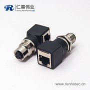 m12插座轉rj45連接器m12A型母頭轉RJ45彎式插座