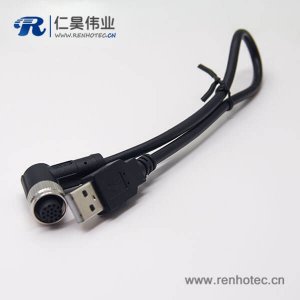 m12母頭彎式17芯工業(yè)防水直式公頭不帶屏蔽A編碼插頭轉(zhuǎn)USB2.01M AWG26
