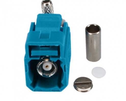 Fakra連接器母頭 Fakra Z直角水藍色壓接連接器,用于RG174 RG316電纜
