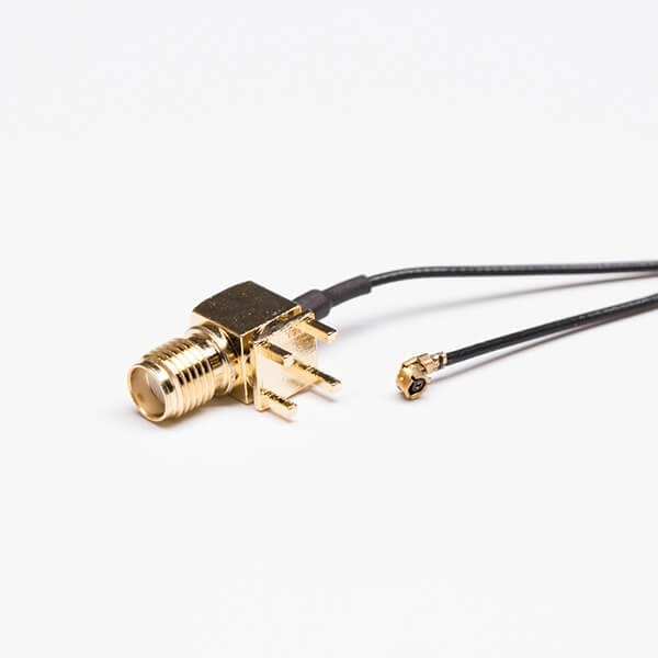 sma-cable-soldering-angled-with-black-rf113-coaxial-cable-to-ipex-(1) SMA線焊接黑色同軸線接RF 1.1IPEX一代接頭(SMA彎頭穿孔接PCB)