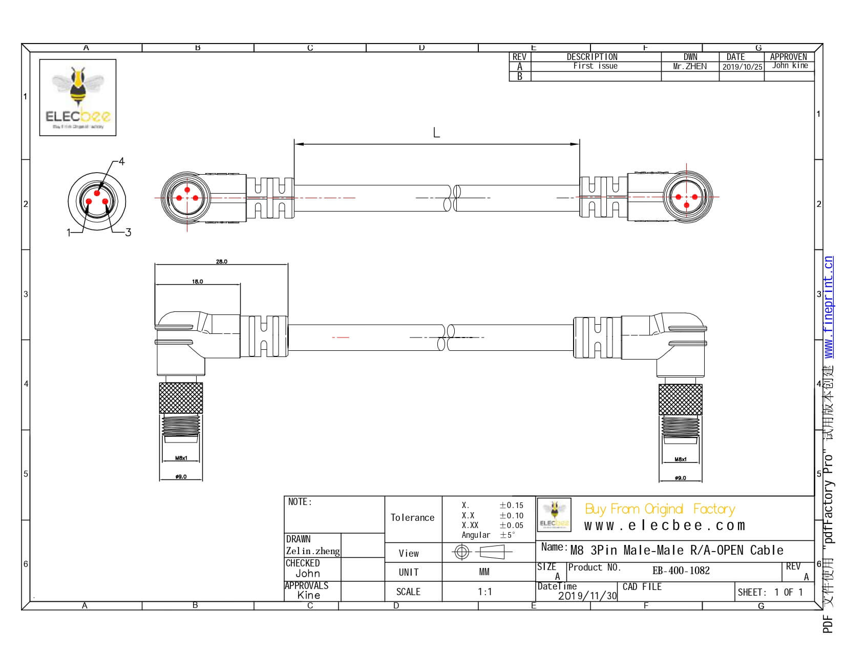 M8彎頭轉彎頭工業連接器3芯公頭轉公頭注塑線接1米24AWG
