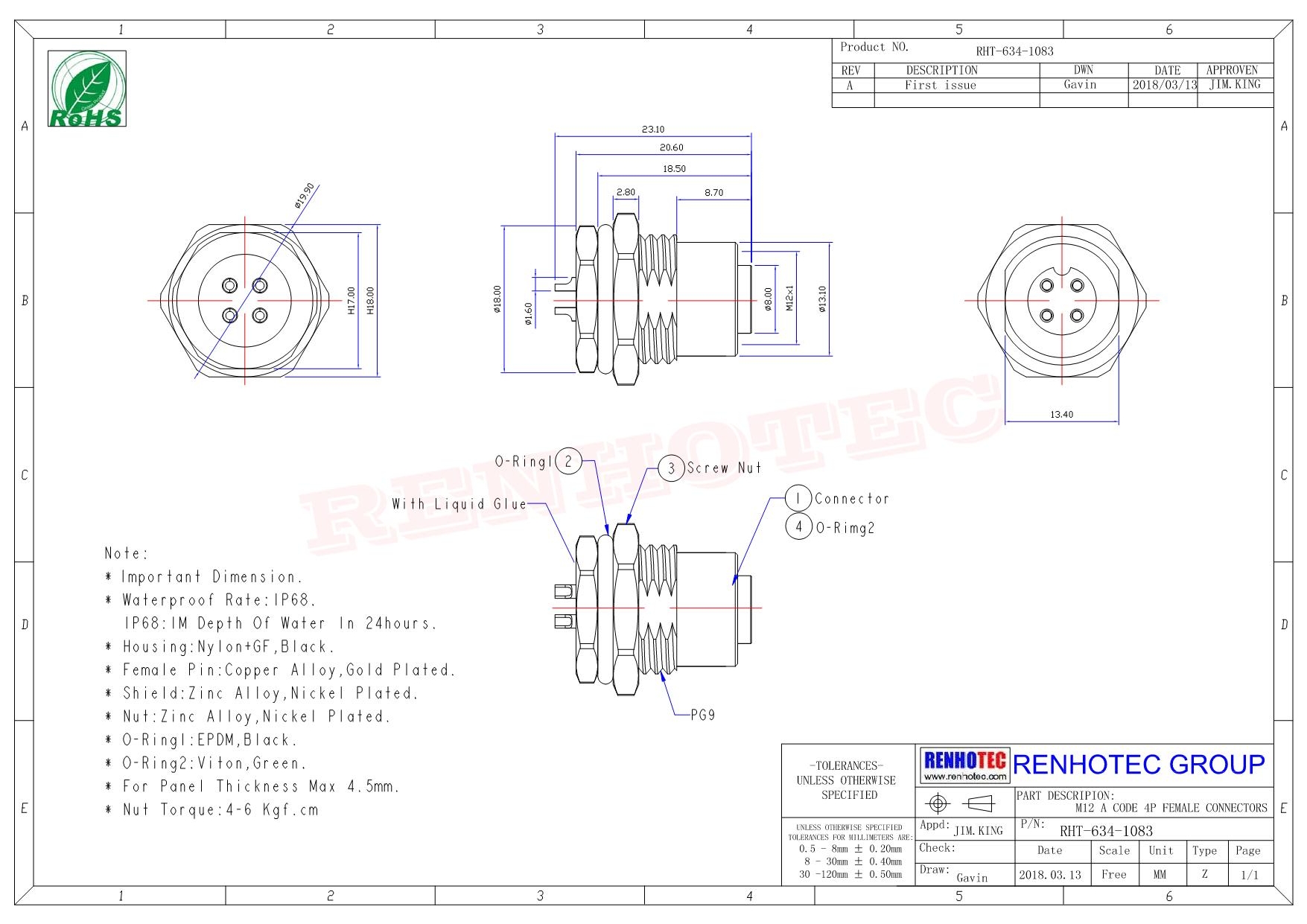 M12板端插座IP67防水連接器4pin直式帶屏蔽1M AWG22母頭前鎖帶線型