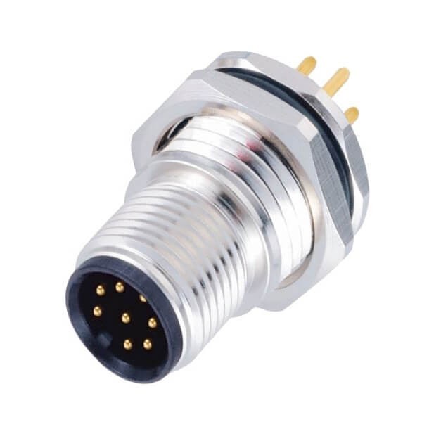 M12連接器8pin A型板端公座PCB插板式前鎖工業防水傳感連接器