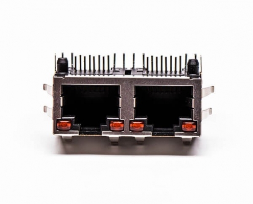 雙網(wǎng)口帶led燈rj45母座彎式銅殼帶屏蔽接PCB