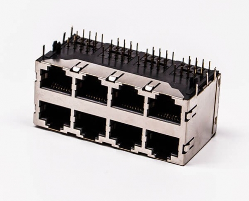 Rj458口網絡插座母頭銅殼90度帶彈片無燈接PCB