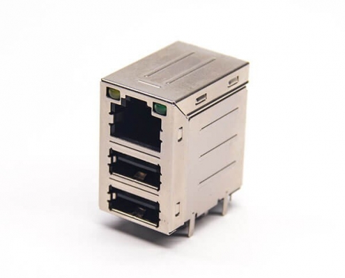 rj45加雙層usb2.0彎式90度穿孔插PCB板帶led燈帶屏蔽式
