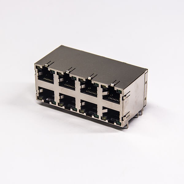 rj45網口接頭母座2×4端口彎式帶屏蔽外殼帶彈帶燈 rj45網口接頭母座2×4端口彎式帶屏蔽外殼帶彈帶燈