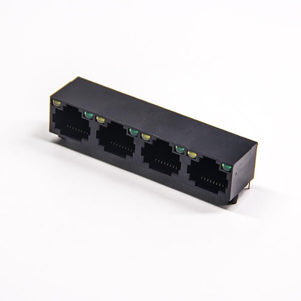 直插式rj458p8c單層多端口1×4黑色非屏蔽式帶led燈 直插式rj458p8c單層多端口1×4黑色非屏蔽式帶led燈